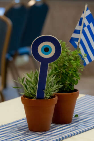 Table setting for a corporate event in Greece featuring herb pots, a Greek flag, and a traditional evil eye symbol on a blue and white checkered tablecloth, authentic event branding by Sirtaki Events.